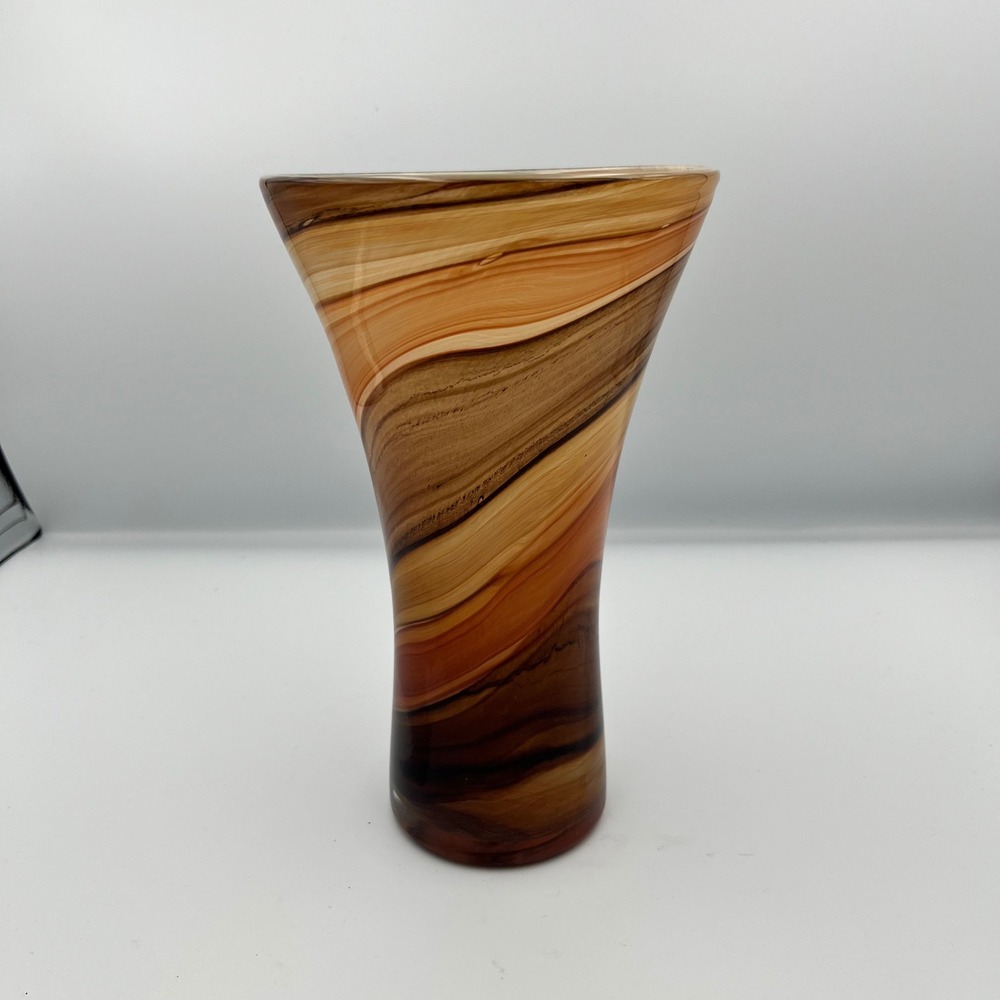 Art Glass Vase Brown‎ Tan Orange Swirl Design Home Decor Centerpiece Gift